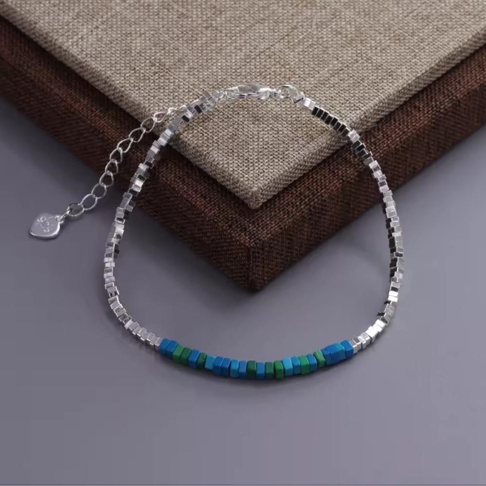 925 Sterling Silver Beaded bracelet, Blue Green Minimalist Bracelet. - Picture 7 of 7